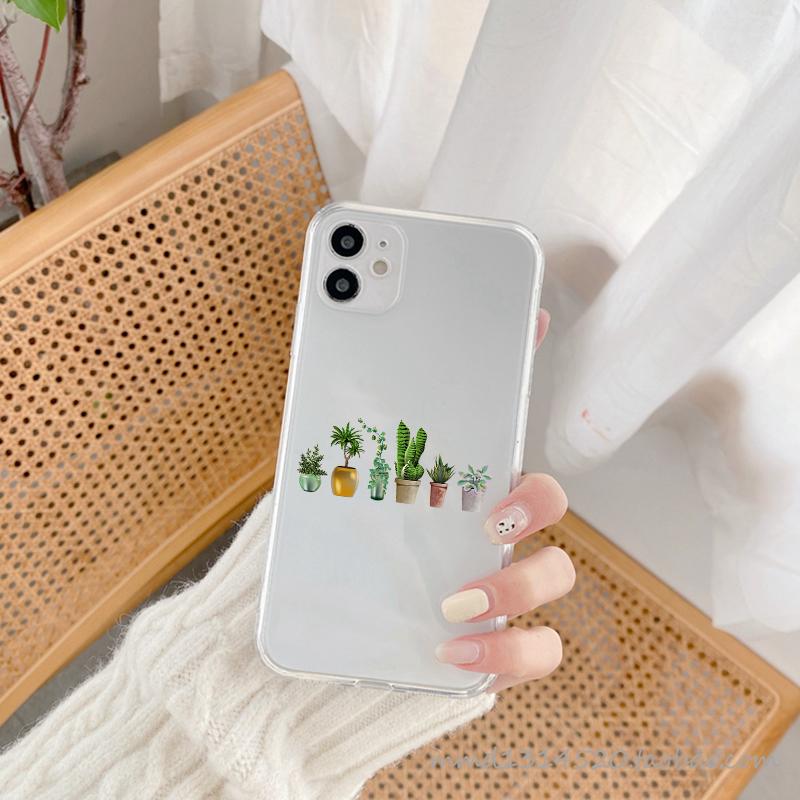 JAMULAR Cute Cactus Green Leaf Clear Phone Case For iPhone 11 12 13 Pro Max X XS XR SE2 7 8 6Plus Funny Plants Soft TPU Cover