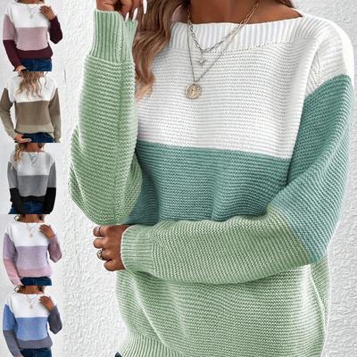 Женский осенне-зимний вязаный свитер контрастного цвета с круглым вырезом и длинным рукавом, худи