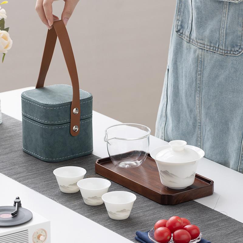 Suet Jade Porcelain Portable Travel Tea Set Souvenir Business Company Mid-Autumn Festival Gifts