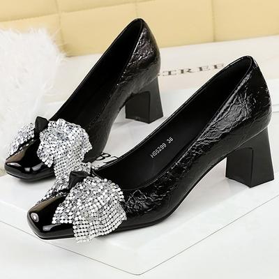 Мода Мода Туфли Мэри Джейн Женские туфли-лодочки Стразы бантик Средний каблук Квадратный носок Высокий каблук 5 см Роскошные банкетные туфли Женская обувь