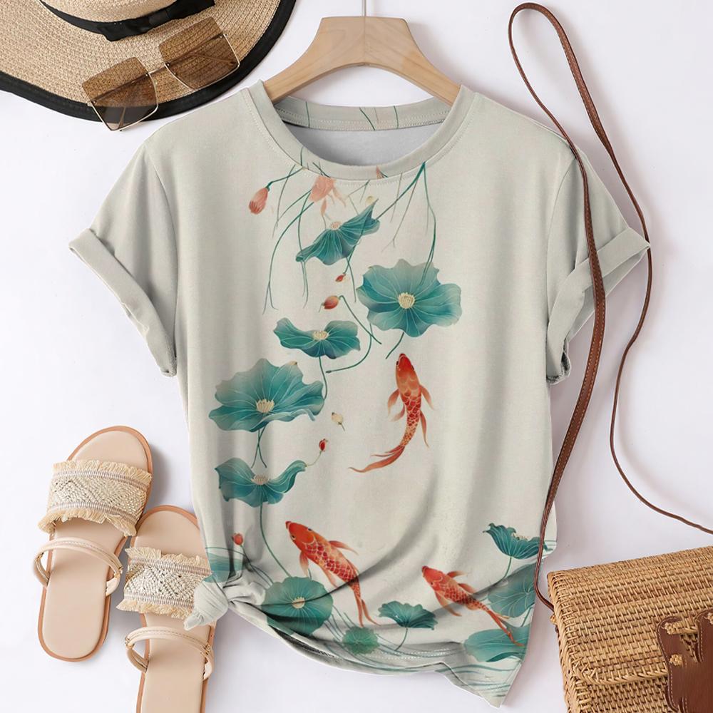 Футболки с 3D-принтом «Рыба кои» для женщин, уличная одежда, повседневная мода, Harajuku Y2k, футболка с коротким рукавом, футболки с круглым вырезом, топы, одежда