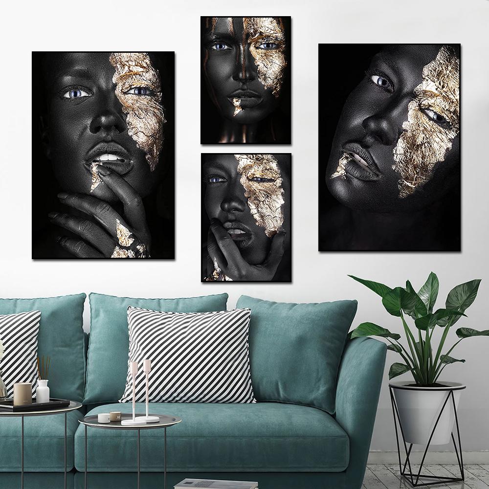 African Art Black Gold Women Posters and Prints Modern Portrait Canvas Painting Wall Art Picture for Living Room Home Decoration