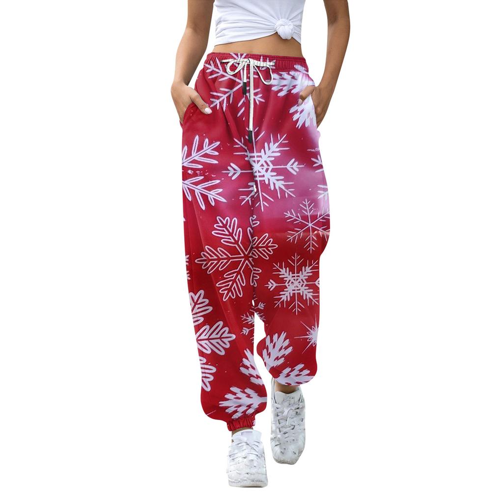 Женские повседневные модные рождественские принтованные повседневные спортивные брюки с эластичной талией и завязками на шнурке