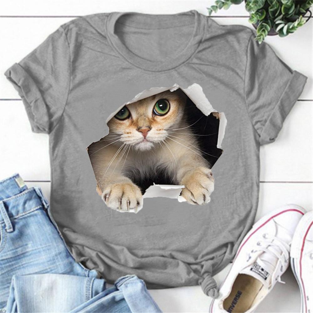 Cute Cat Print T-shirts For Women Summer Lovely Short Sleeve Casual Round Neck T-shirts Ladies Creative Personalized Tops