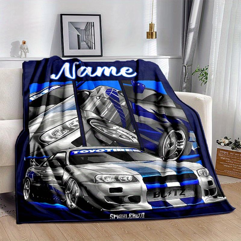 Custom name racing car themed flannel blanket, suitable for sofas, beds, birthdays, children, friends, gifts