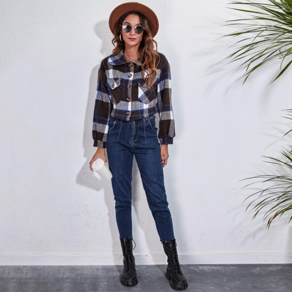 GMXIA Женские винтажные повседневные клетчатые куртки и пальто с воротником-поло на осень-зиму с длинным рукавом