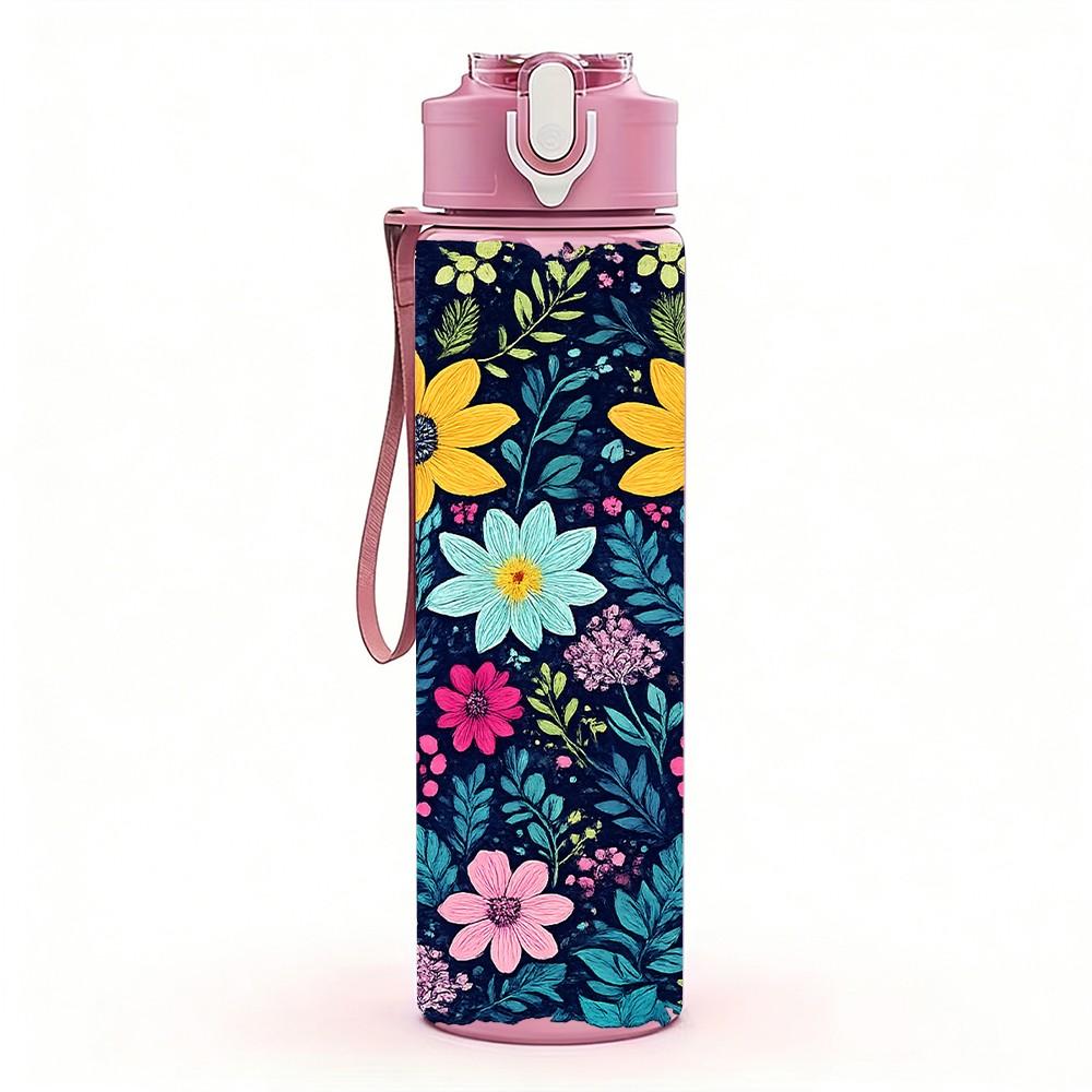 1PC Bright Multicolor Daisy Floral Print 750ml Color Plastic Sports Water Bottle Leakproof Flip Straw Lid Suitable for Sports Office Home Use