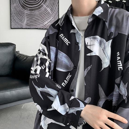 Весенне-летняя мужская рубашка с принтом акулы, однобортный отложной воротник с длинным рукавом, свободная уличная одежда средней длины, мужской топ для отпуска