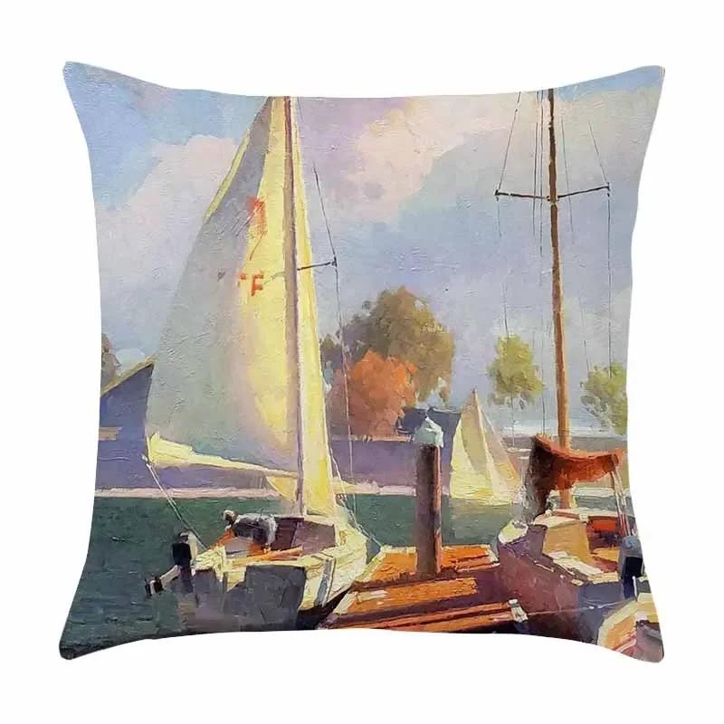 Красивая Масляная Живопись Парус Парусный Спорт Пейзаж Принт Узор Наволочка для Подушки Домашняя Гостиная Диван Украшение Подушка