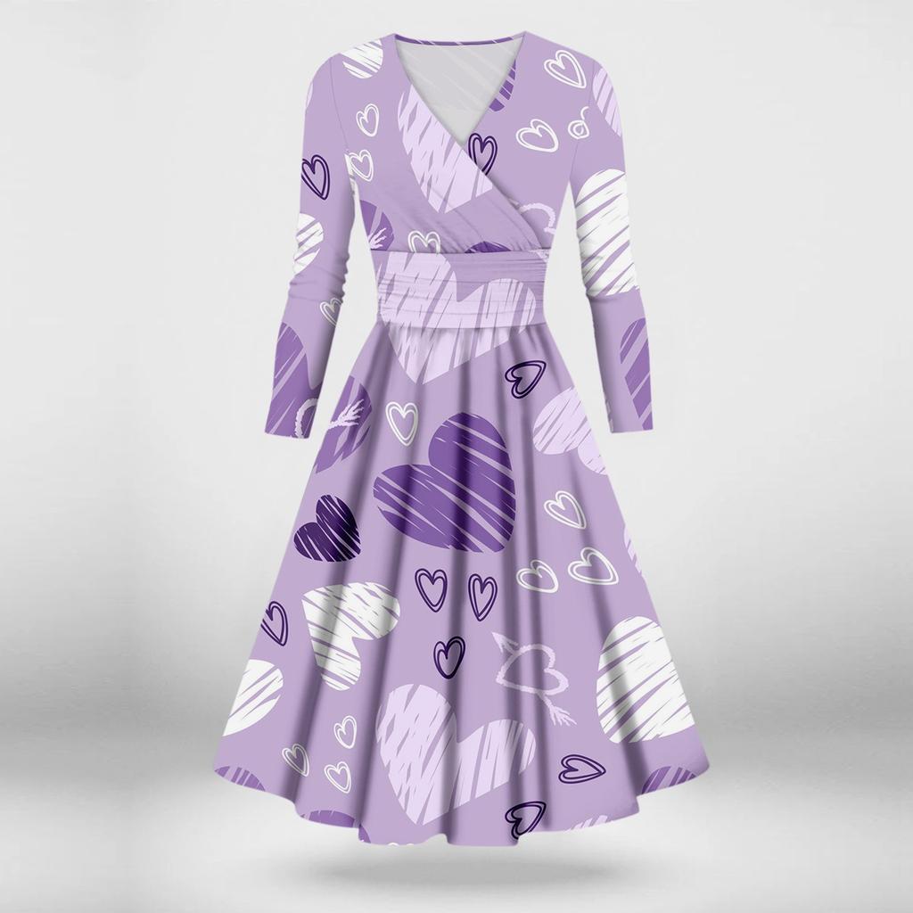 Женская мода повседневное сексуальное платье с длинным рукавом и v-образным вырезом с принтом ко Дню святого Валентина