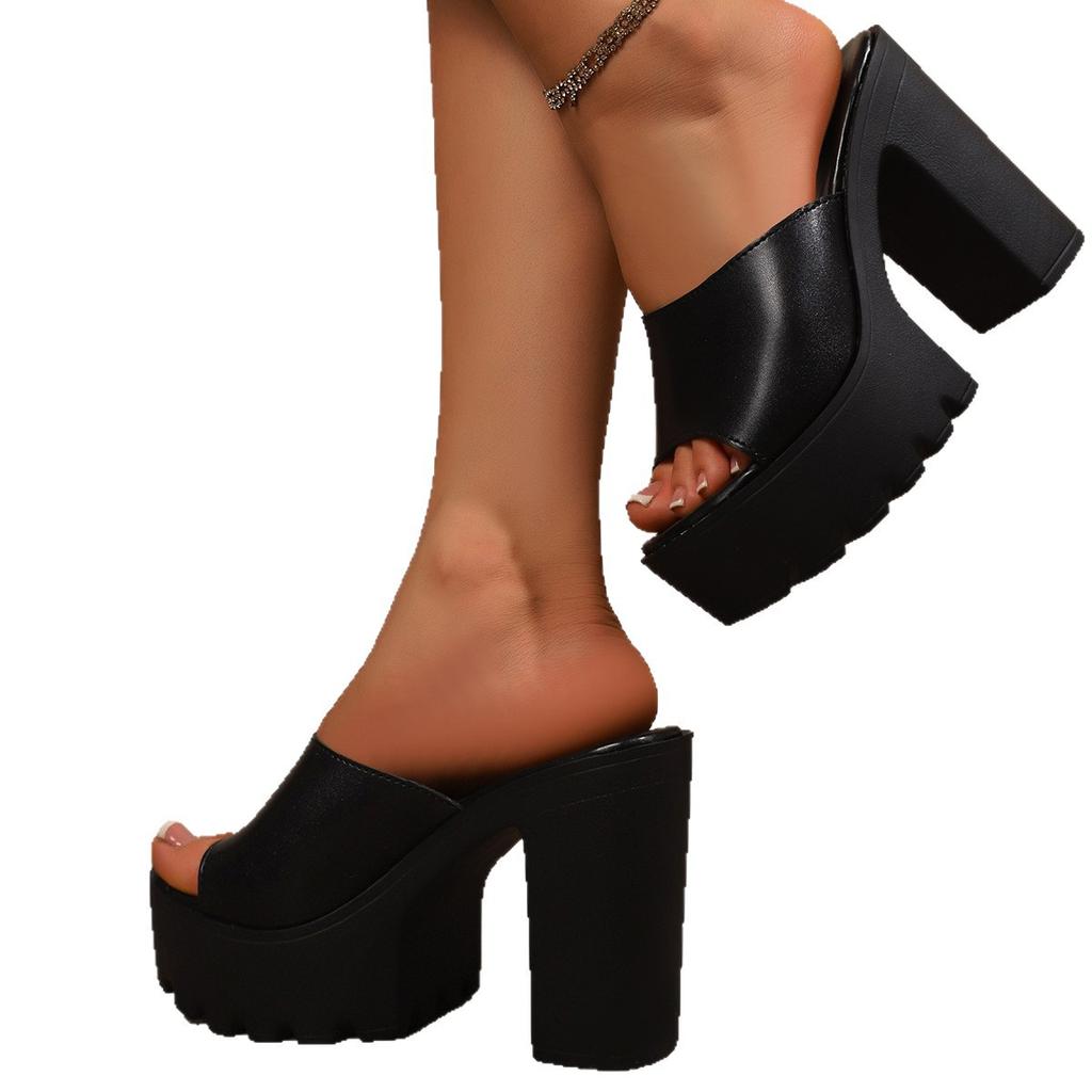 2025 Summer Thick-bottomed Sandals Wear Leather Black Muffin High-heeled Fish Mouth Slippers Non-slip One-word Wedge Heel Slippers