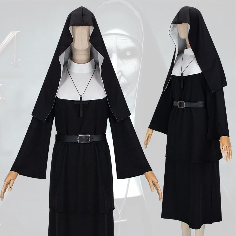 Halloween Nun Cosplay Costume Gothic Robe With Hood Cross Belt Role Play Party