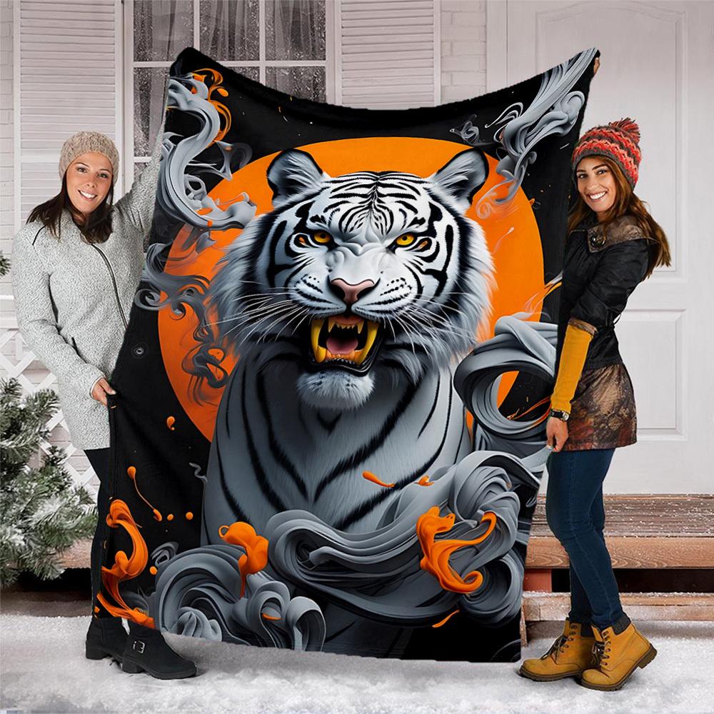 1pc Tiger Art Print Throw Blanket Polyester Fiber, Lightweight Flannel, Soft & Warm, All Season Use for Outdoor, Camping Digital Print