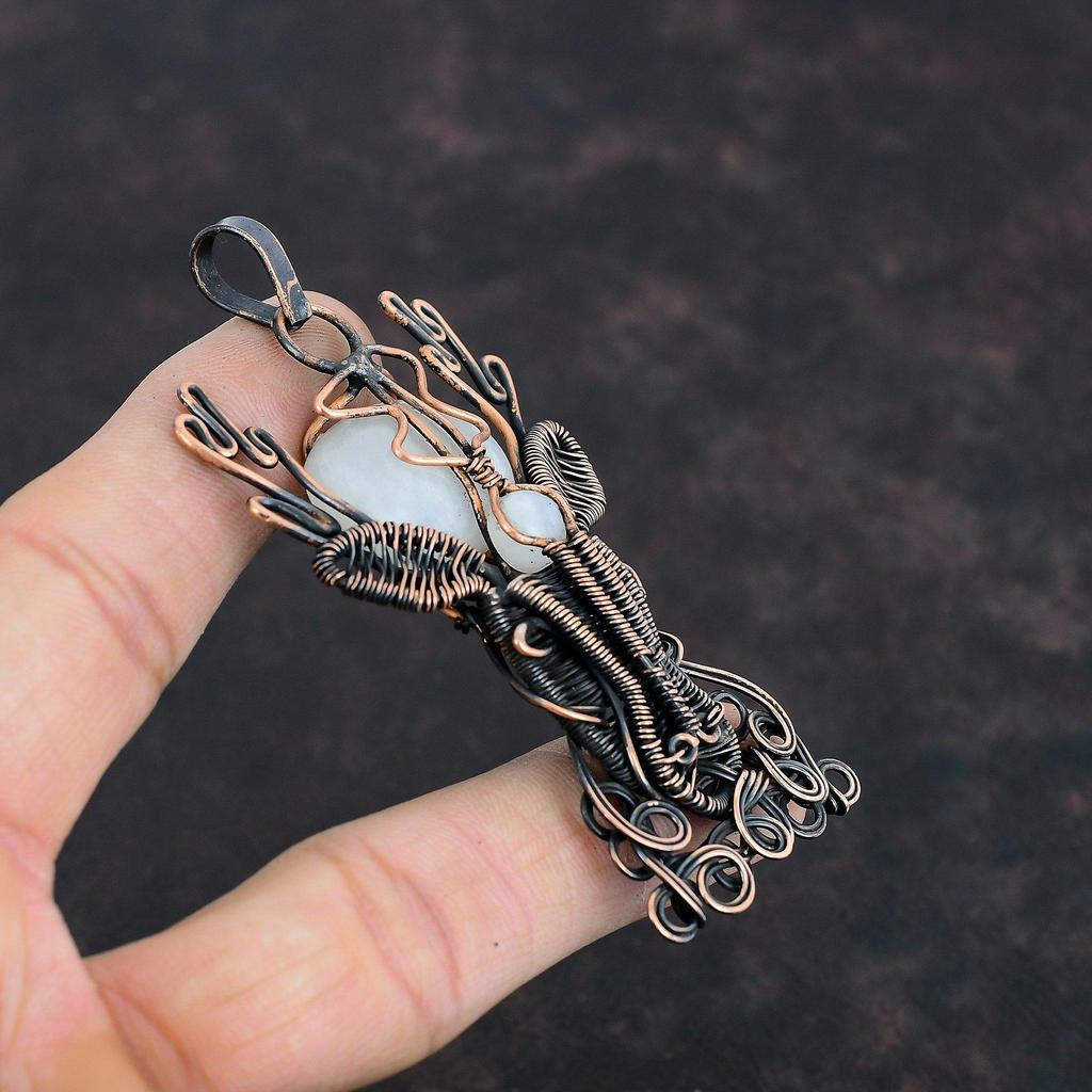Подвеска из радужного лунного камня, подвеска из медной проволоки, ювелирное украшение в виде лица оленя, подвеска из драгоценного камня ручной работы, красивые медные украшения, подарки на помолвку