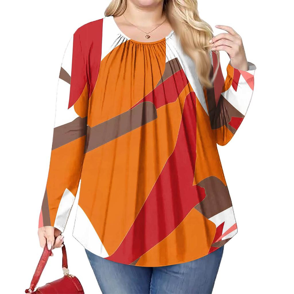 Women's Plus Size Fashion Printed Casual Pleated Round Neck Long Sleeve Top
