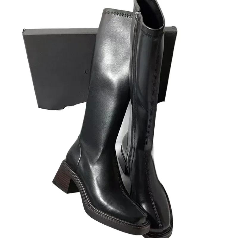 Распродажа модной женской обуви 2024 года, высококачественные женские ботинки с боковой молнией, осенне-зимние, квадратный носок, однотонные, высокие блочные каблуки, модные ботинки