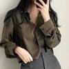 Women Retro Fashionable Versatile Spring Summer Single-breasted Blouse Solid Color Short Shirt Tops