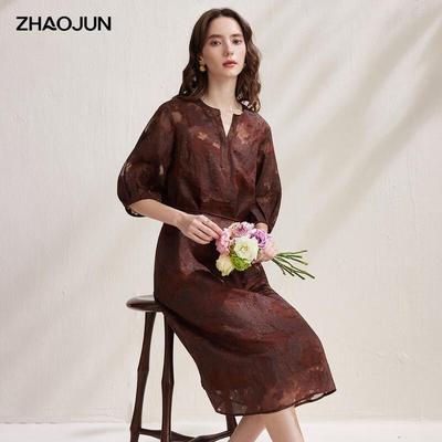 Zhaojun Платье-миди в новом китайском стиле с вырезами, из шелковой марли, с короткими рукавами