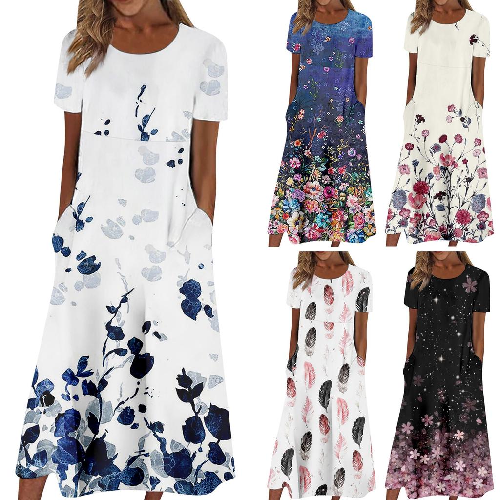 Women's Summer Casual Fashion Flower Printed Short Sleeve Round Neck Pocket Dress