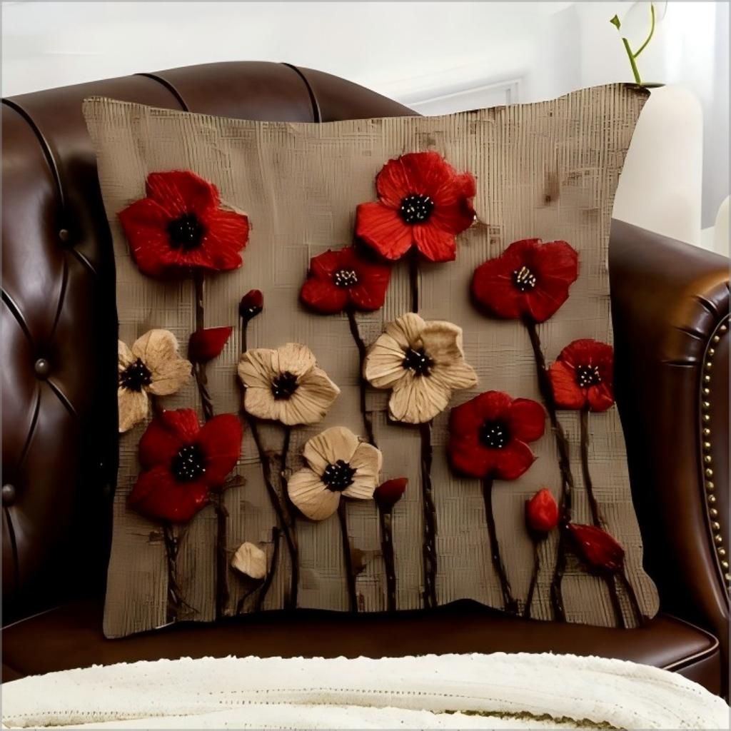 Double Sided Vintage 2D Red Poppy Flower Pillow Cover Rustic Oil Painting Floral Print Soft Throw Pillow Case For Home Decor