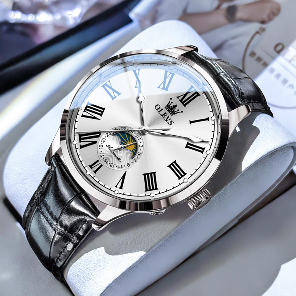 OLEVS New Fashion Automatic Men Watch Casual Mechanical Watch Men's Luxury Top Leather Moon Phase Watch Reloj+Box