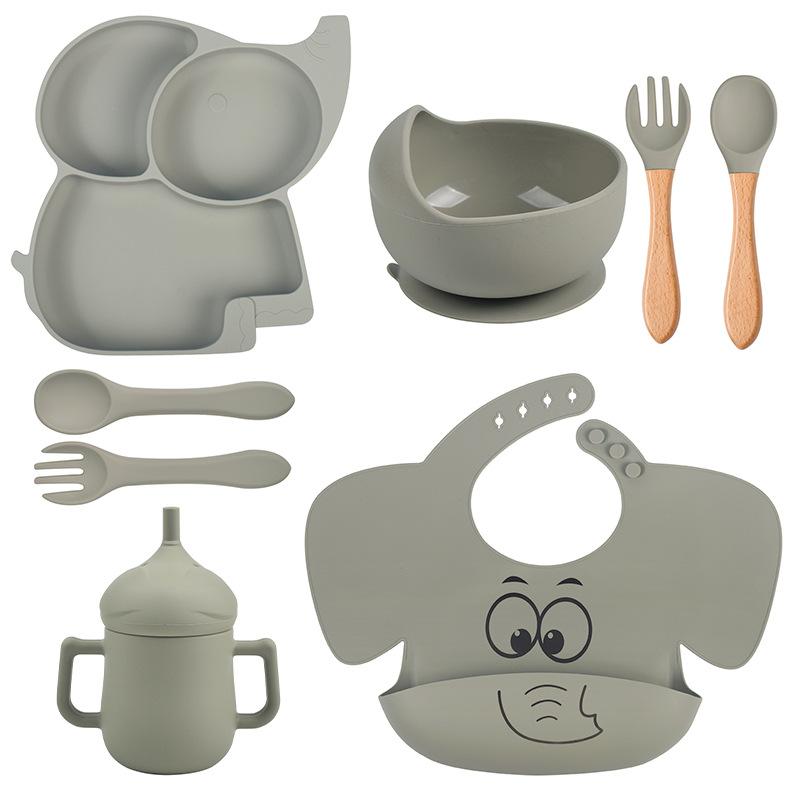 8 шт./компл. набор силиконовой посуды «Слоненок», детские блюда для кормления, миска без бисфенола А, тарелка, нагрудники, наборы ложек и вилок, детская нескользящая посуда