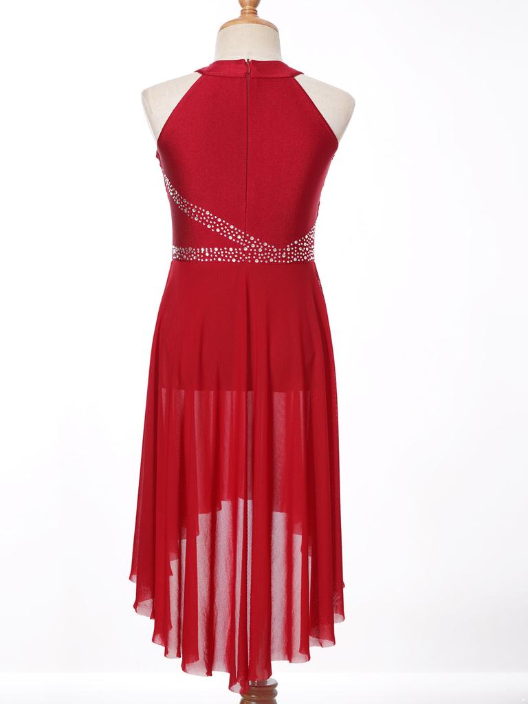 Детское лирическое платье для латинских танцев для девочек, купальник без рукавов со сверкающими стразами и рюшами, балетная танцевальная одежда