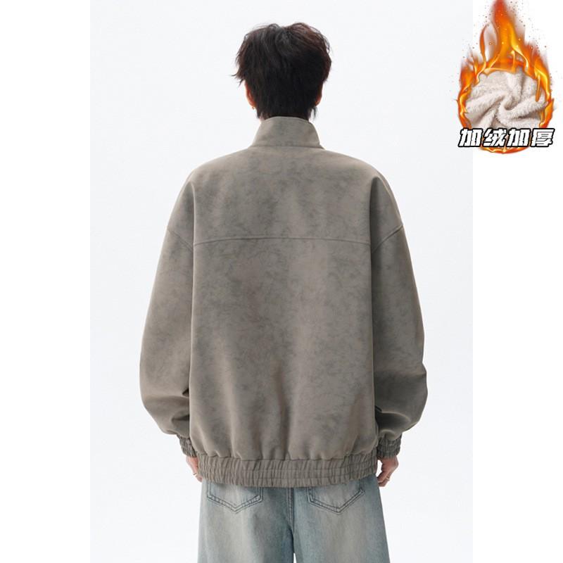 Mens Warm Fleece-Lined Oversized Cotton Jacket 2026 Loose Fit Stand Collar Zipper Gray Black M-5XL