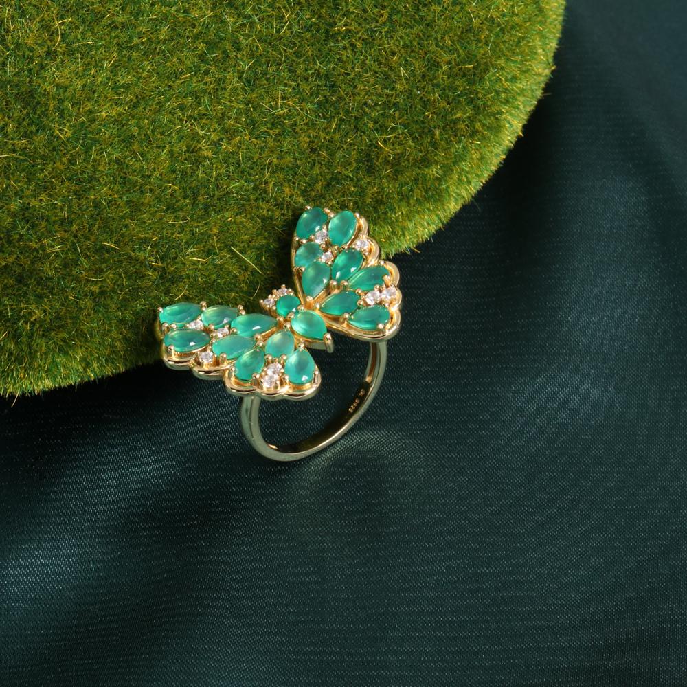 Gorgeous Butterfly Design Natural Green Agate Ring 925 Sterling Silver Luxury Ladies Jewelry Anniversary & Banquet Gift
