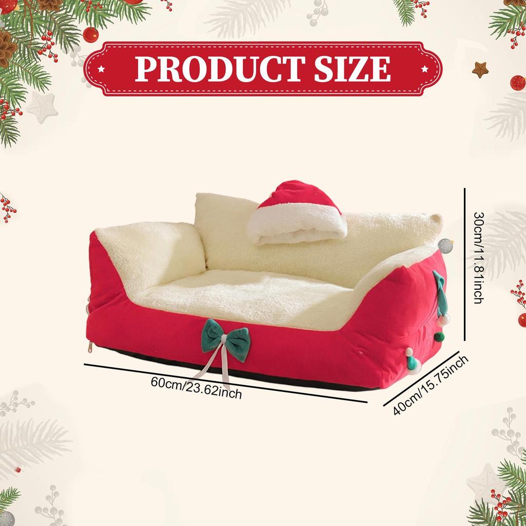 Cat Bed Sofa Pet Couch As Cute Furniture with Christmas Hat And Bows, Scratch-resistant