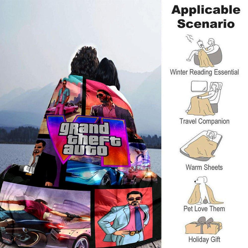 1 шт. Мягкое фланелевое одеяло Grand Theft Auto с дизайнерским принтом. Уютное одеяло для всех сезонов, идеально подходит для дивана, кровати, офиса