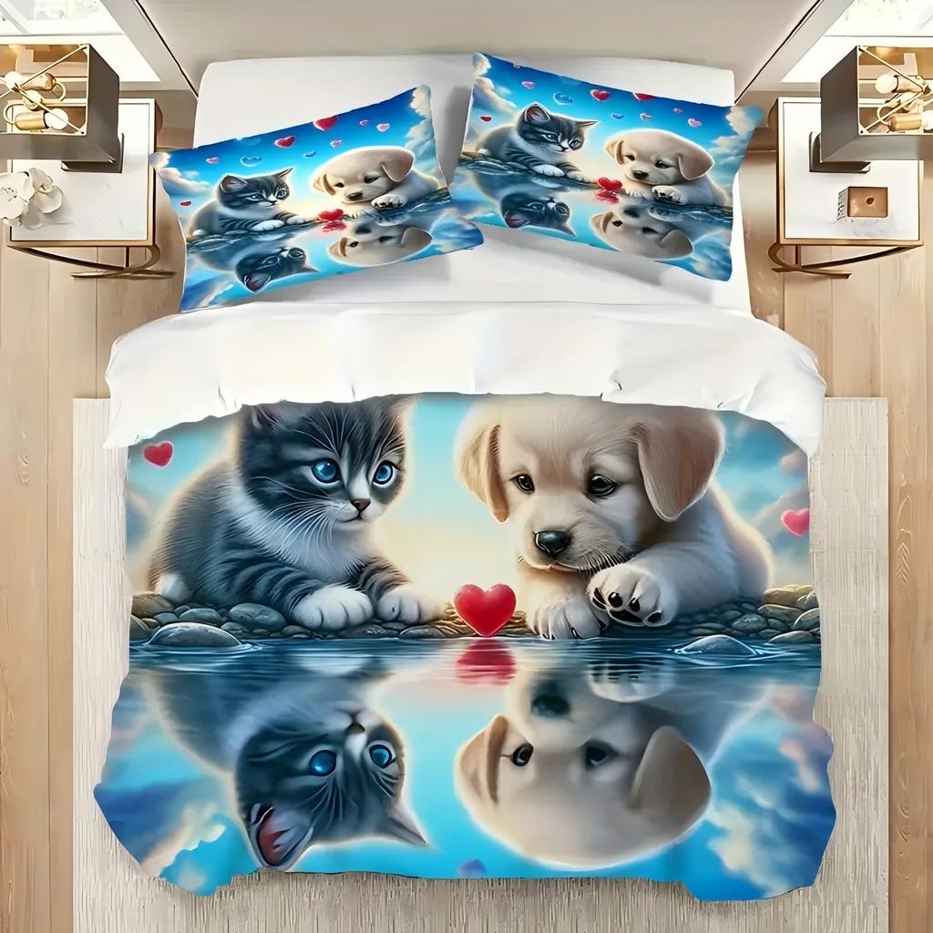 Cute Cat Dog Pattern 3D Printed Bedding Set Cute Animal Romantic Couple Theme Duvet Cover Soft Comfortable Luxury Quilt Cover