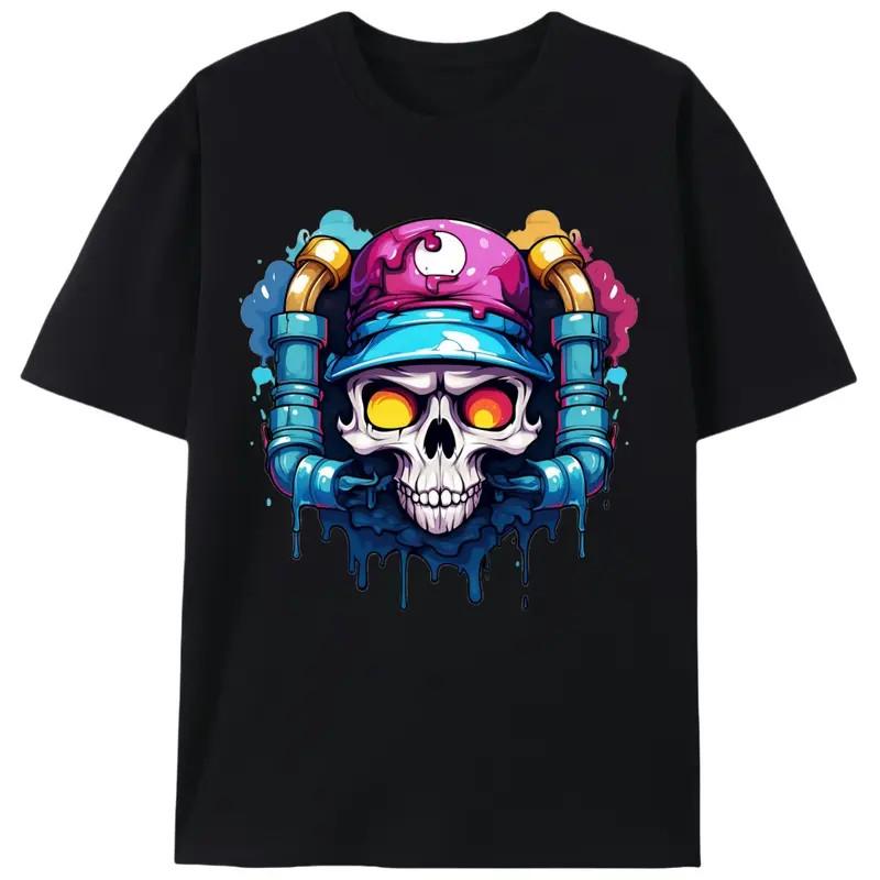 Cartoon Graffiti Worker Skull Summer T-Shirt, Men's Unisex Streetwear Graphic Te