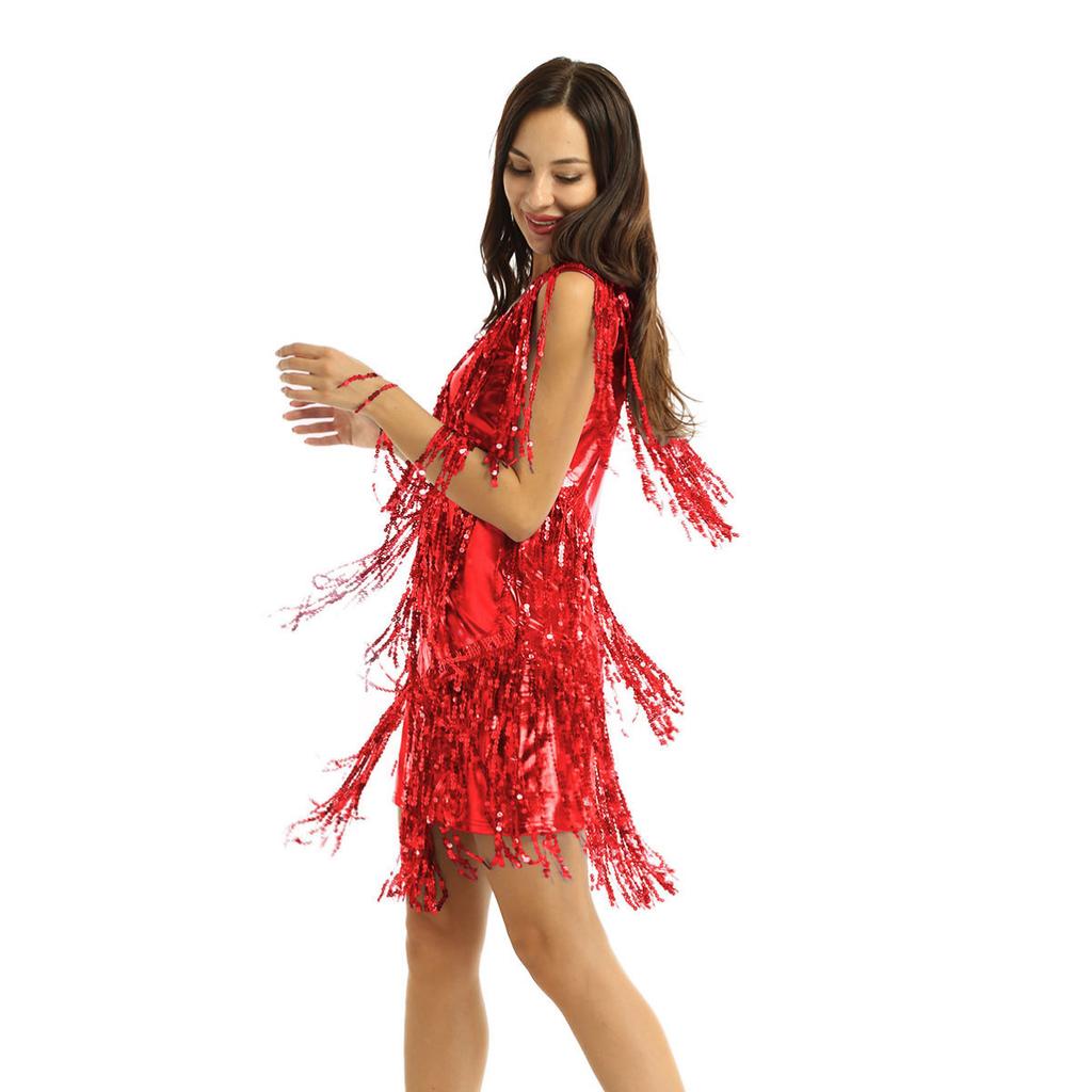 Женское мини платье с бахромой, для латинских танцев