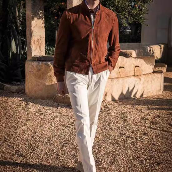 Мужское пальто с воротником-стойкой, длинным рукавом, однотонная замшевая куртка с двусторонними карманами на молнии, приталенная верхняя одежда