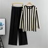 Women's Autumn Temperament Knitted Fashion Suit Striped Slit Top Casual Wide Leg Pants Two Piece Set