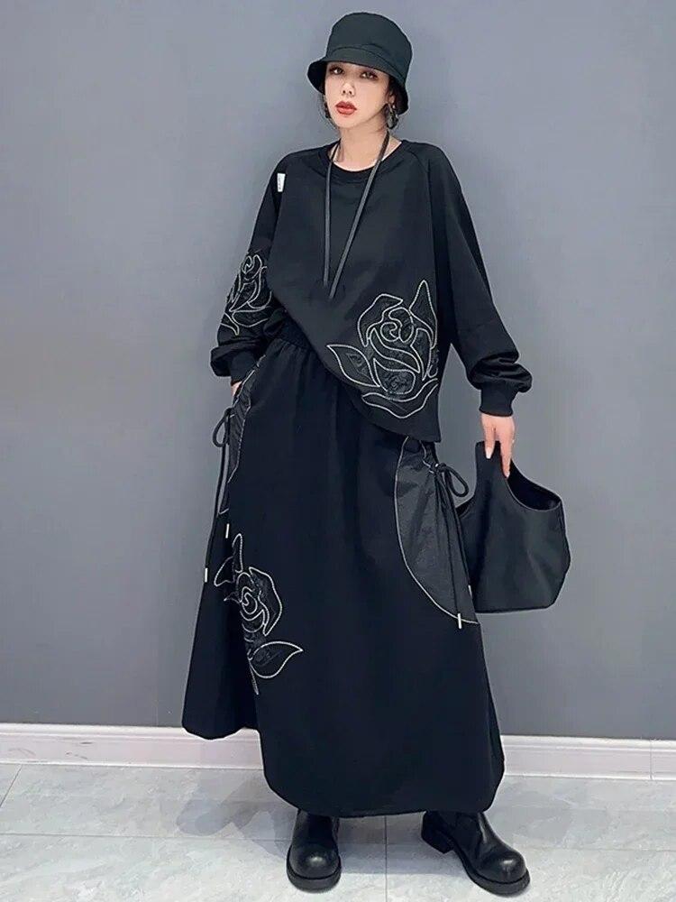 Xitao Свободные складки в стиле пэчворк, комплект из двух предметов, нерегулярная юбка, женский пуловер, топ HQQ1627