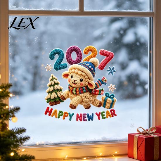 Reusable PVC Window Film Chinese New Year Stickers, 2027 Goat Static Clings, Shop Atmosphere Stickers Crochet Knit Lamb Decals, Decor for Home Knitted