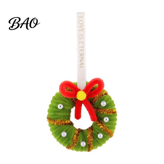 Santa Claus Hanging Decor Handmade Pipe Cleaner Christmas Wreath Ornament, Chenille Stems Mini Small Garland Crafts with Bow Bells for Holiday Window