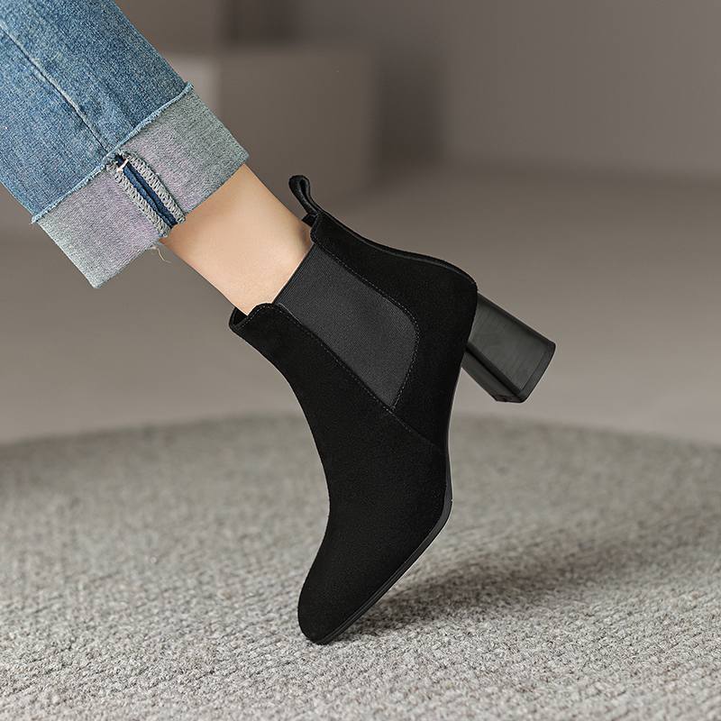 Krazing Pot Cow Suede Winter Round Toe Thick High Heels Modern Boots Women Slip On Office Lady Big Size 42 Ankle Boots