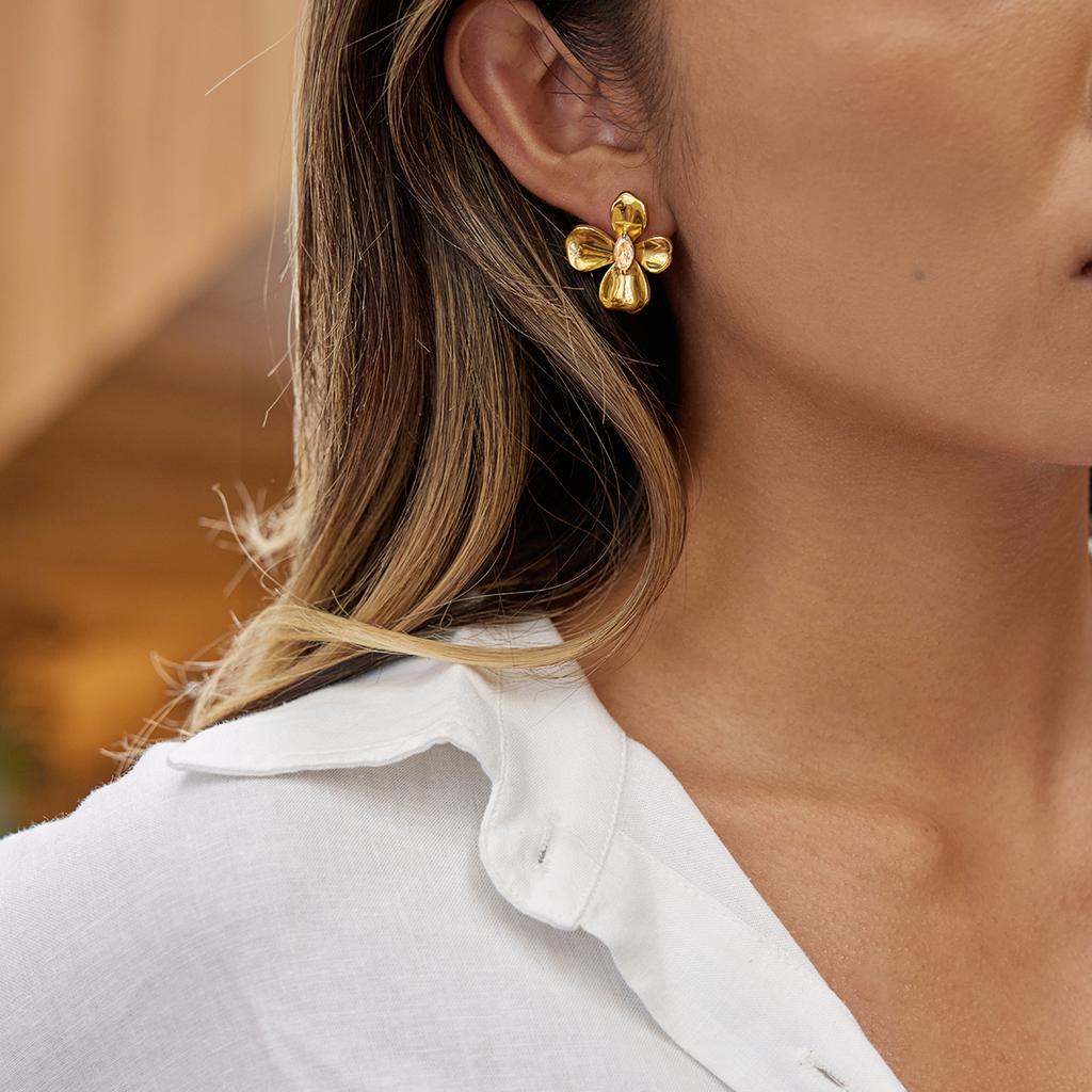 Delicate Shiny Cubic Zirconia Four-petal Flower Stud Earrings 18K Gold Color PVD Plated Stainless Steel Jewelry Gift