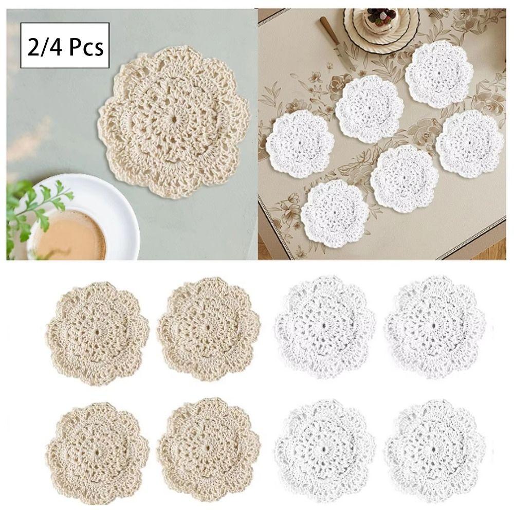 2/4Pcs Vintage Lace Floral Coasters Knitted Texture Round Woven Placemats Wedding Party