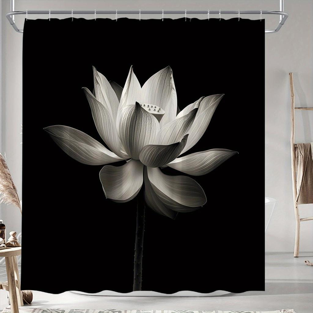 1pc Black and White Photograph of Delicate Lotus Flower in Full Bloom Shower Curtain, Minimalist Design with Subtle Gradients