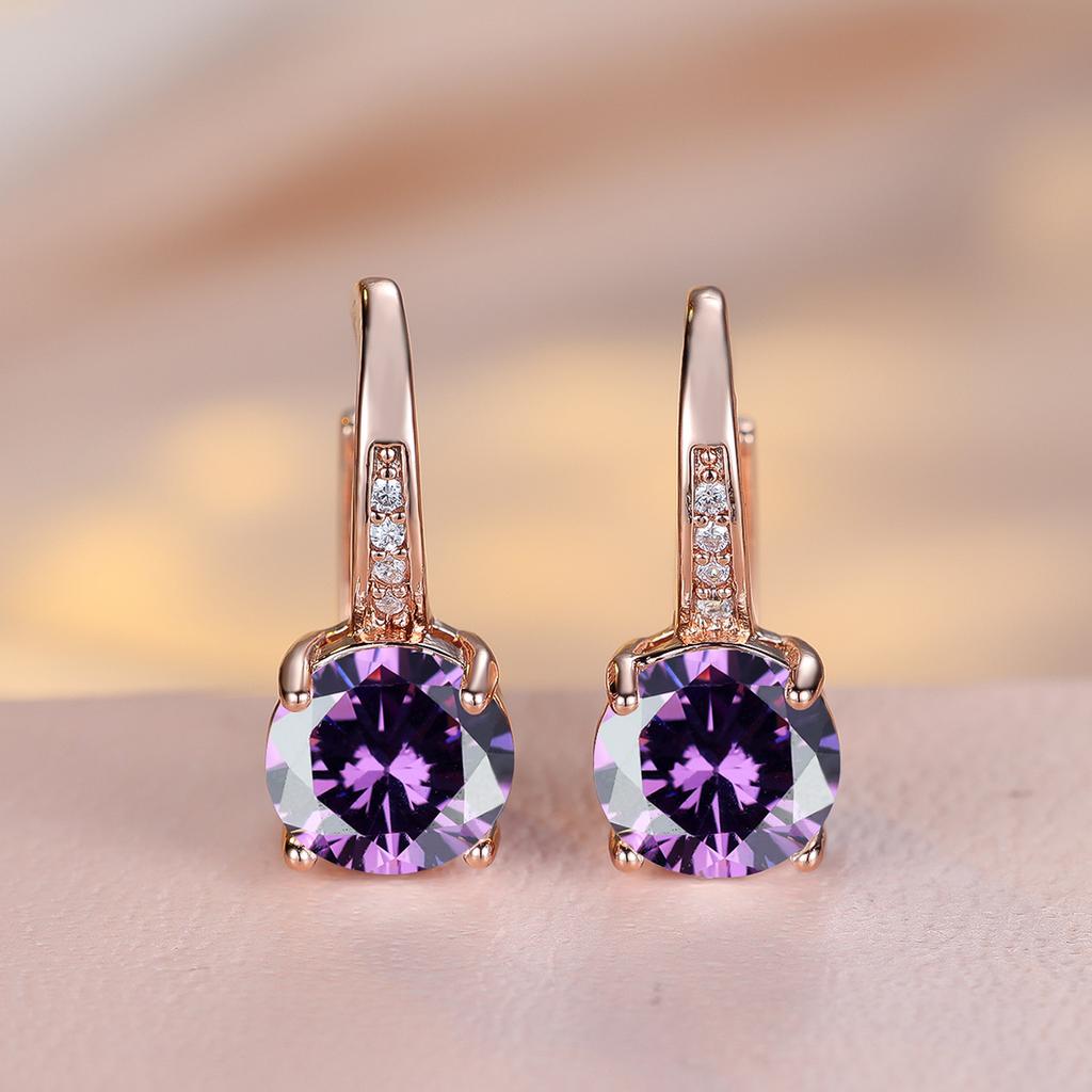 1 Pair Rose Golden Color Round Cut White Blue Red Green Stone Drop Earrings Fashion Women Wedding Jewelry Luxury Accessories