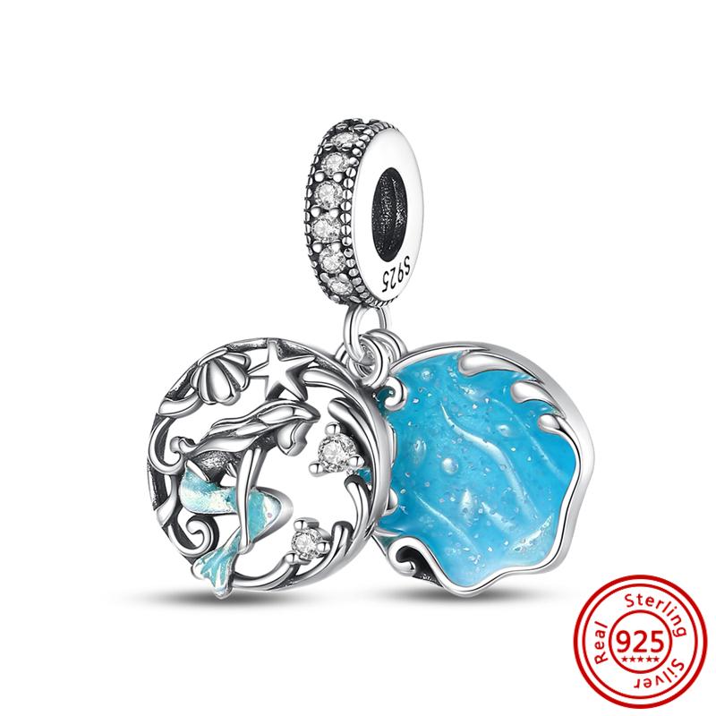 Новинка S925, серебристо-синяя подвеска, висячие морские животные, морская звезда, русалка, рыбья ракушка, подходит для оригинального браслета, бусины, подарок, ювелирные изделия своими руками