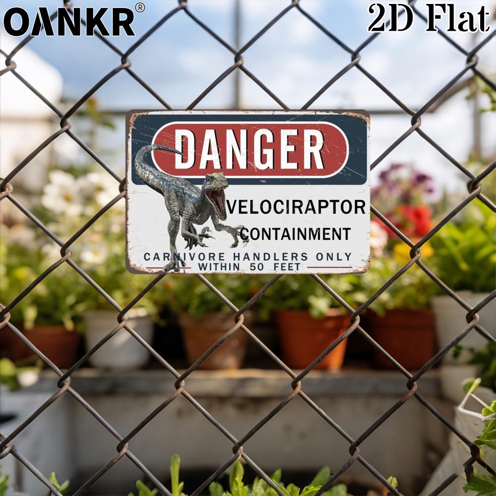 Vintage Warning Metal Tin Sign Danger Velociraptor Containment Retro Art Poster Metal Signs for Garden Farm Home Wall Decor
