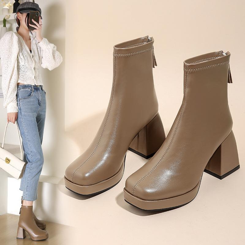Martin boots women's autumn and winter new Korean version rear zipper high-heeled short boots ankle boots square heel knight boots