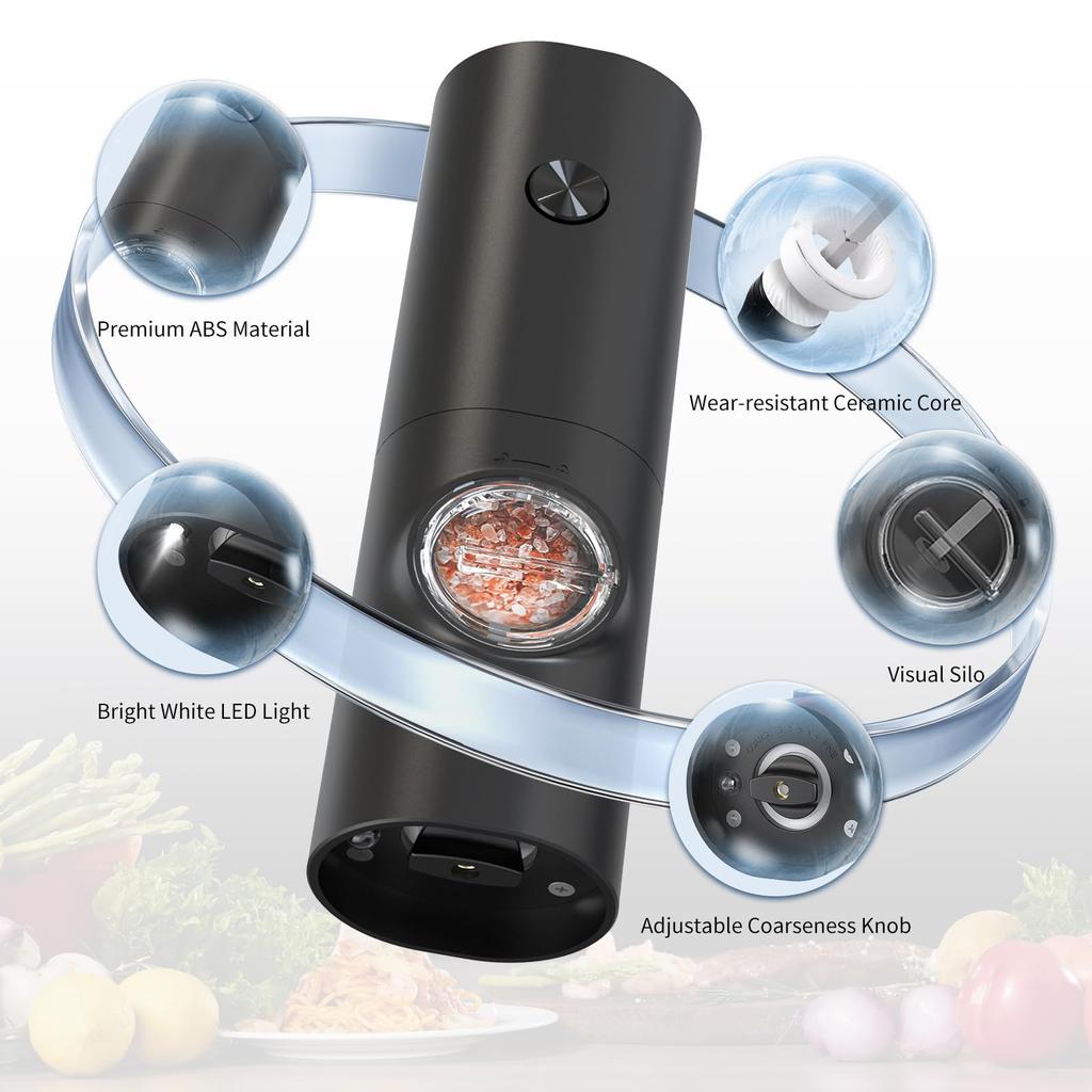 CIRCLE JOY Electric Pepper Grinder Battery Operated Pepper 70ml Washable Storage White LED Adjustable Easy Black Set, Mill, Container, Base, Light,