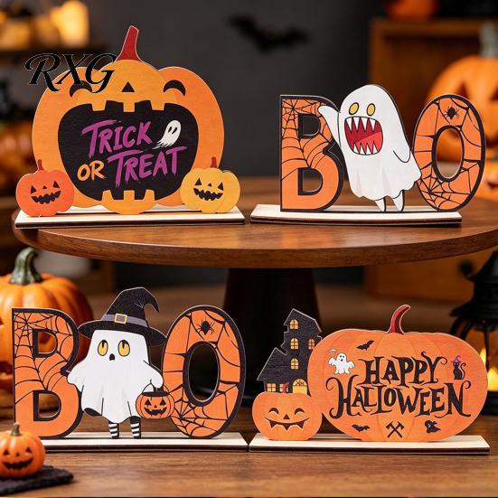 Halloween Table Sign Wooden Sign, Cute Pumpkin Boo Ghost Hand Painted Decor Tabletop Centerpiece for Indoor Mantel Fireplace Childlike Room Accent