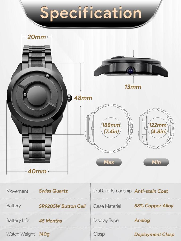 Магнитные часы с шарикоподшипником, дизайн унисекс, кварцевые часы, минимализм, повседневные, водонепроницаемые, 40 мм, черный циферблат, черный браслет из нержавеющей стали [EUTOUR] мужские и женские